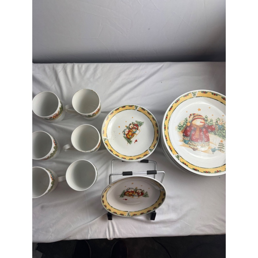 Gibson Christmas Snowman Dinner Plates Mugs Oval Serving Dish Set 18 Pcs